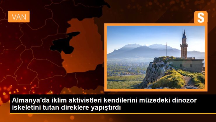 Almanya’da iklim aktivistleri kendilerini müzedeki dinozor iskeletini tutan direklere yapıştırdı